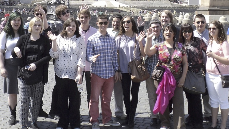 Enjoying their trip to Italy are (l-r) Madeline Bradsha, Ashley Harmon, Michael Martin, Cody Duvall, Rebecca Moy, Dylan Brown, Anthony Iammatteo, Michael DeStasio, Marlee MCGinniss, Aidan O’Keefe, Graham Smith, Italian teacher Cristina Christy, retired social studies teacher Sue Comorat, James Albertella and Sarah Boothman. SOURCE SUBMITTED